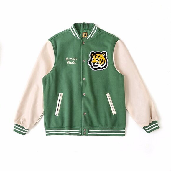 Woolen Tiger Head Embroidered Green Baseball Jacket Human Made - Picture 1 of 9